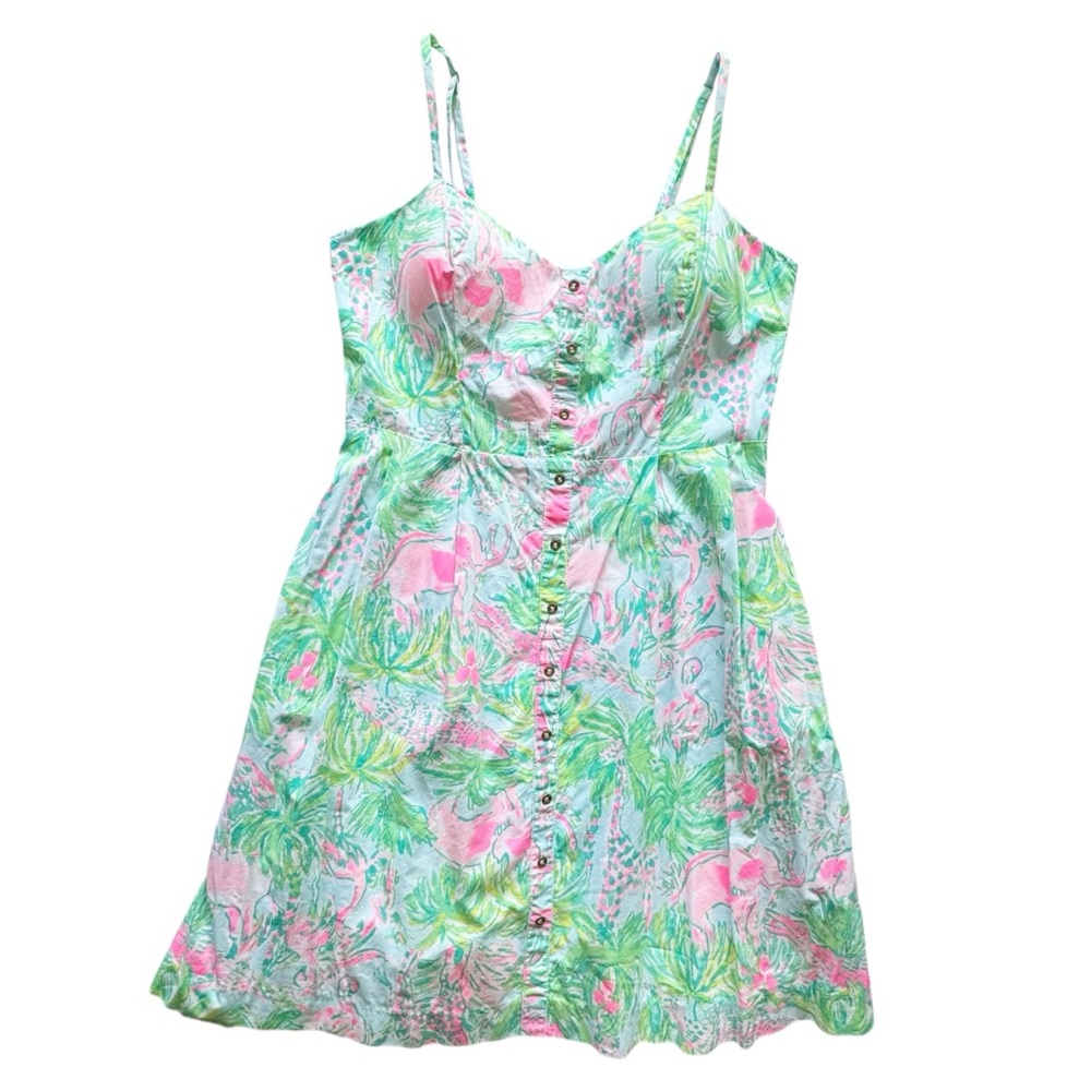 Lilly Pulitzer Pink Green Blue Tropical Button-Front Sundress - Picture 6 of 10